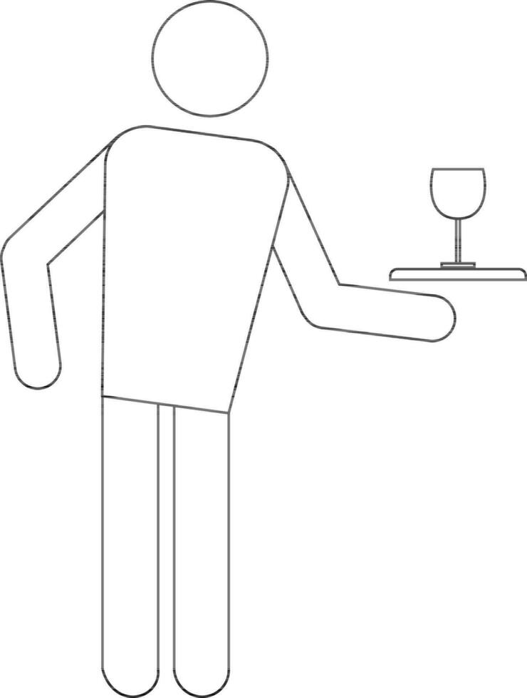 Waiter serving drink on a tray in black line art illustration. vector