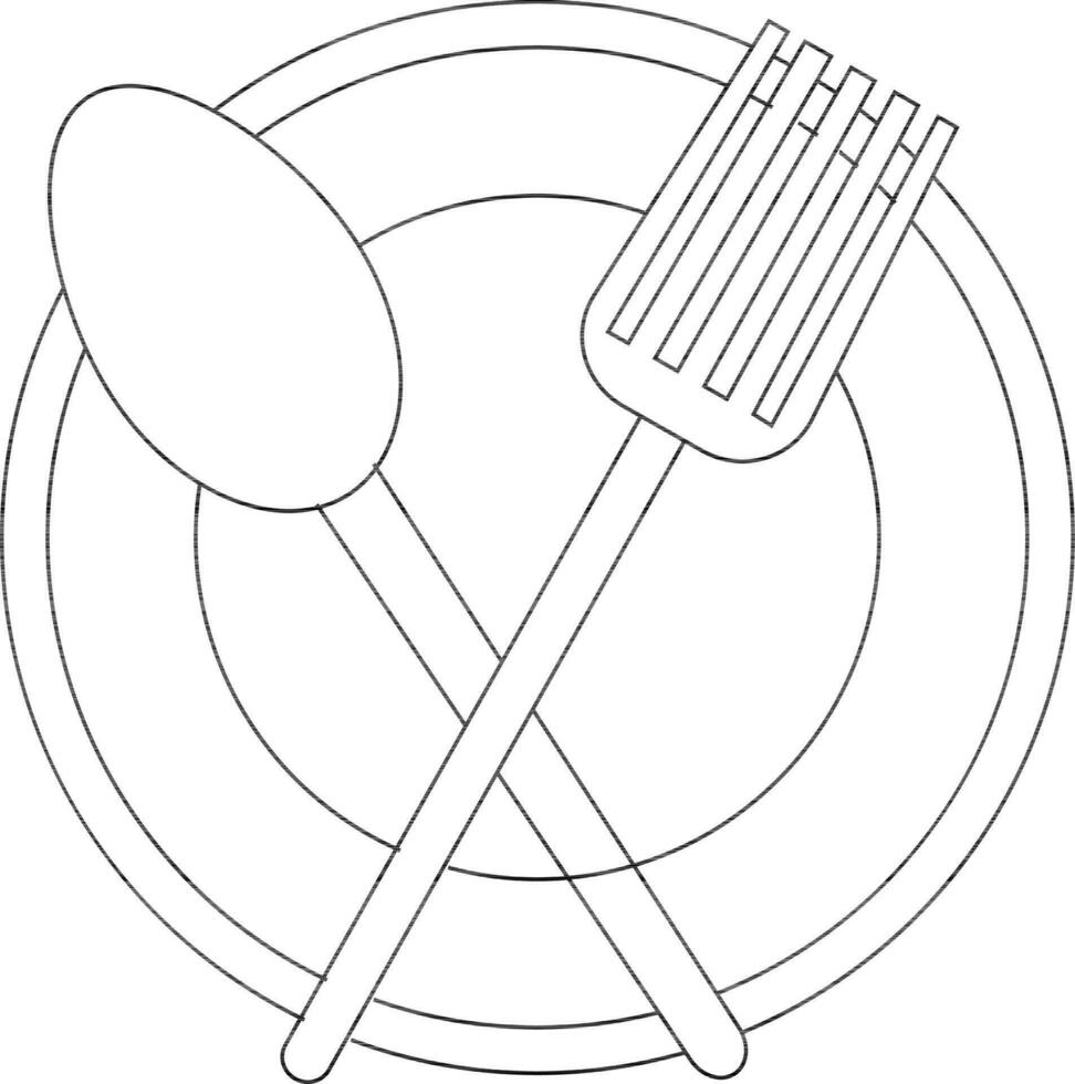 Black line art fork and spoon on plate. vector