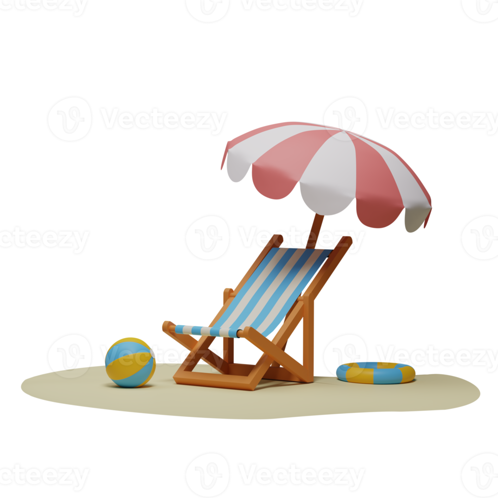 3D Render of Empty Beach Chair Under Umbrella with Ball and Swimming Ring Element on Sandscape. png