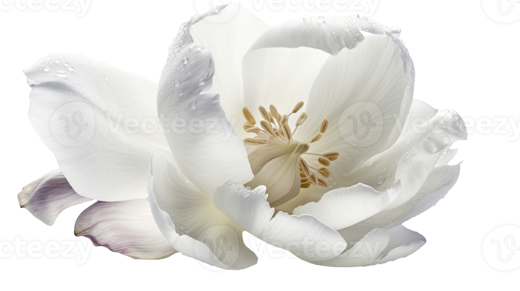 Stunning Image, Water Droplets of Beautiful White Parrot Tulip Blooming on Background. Technology. png