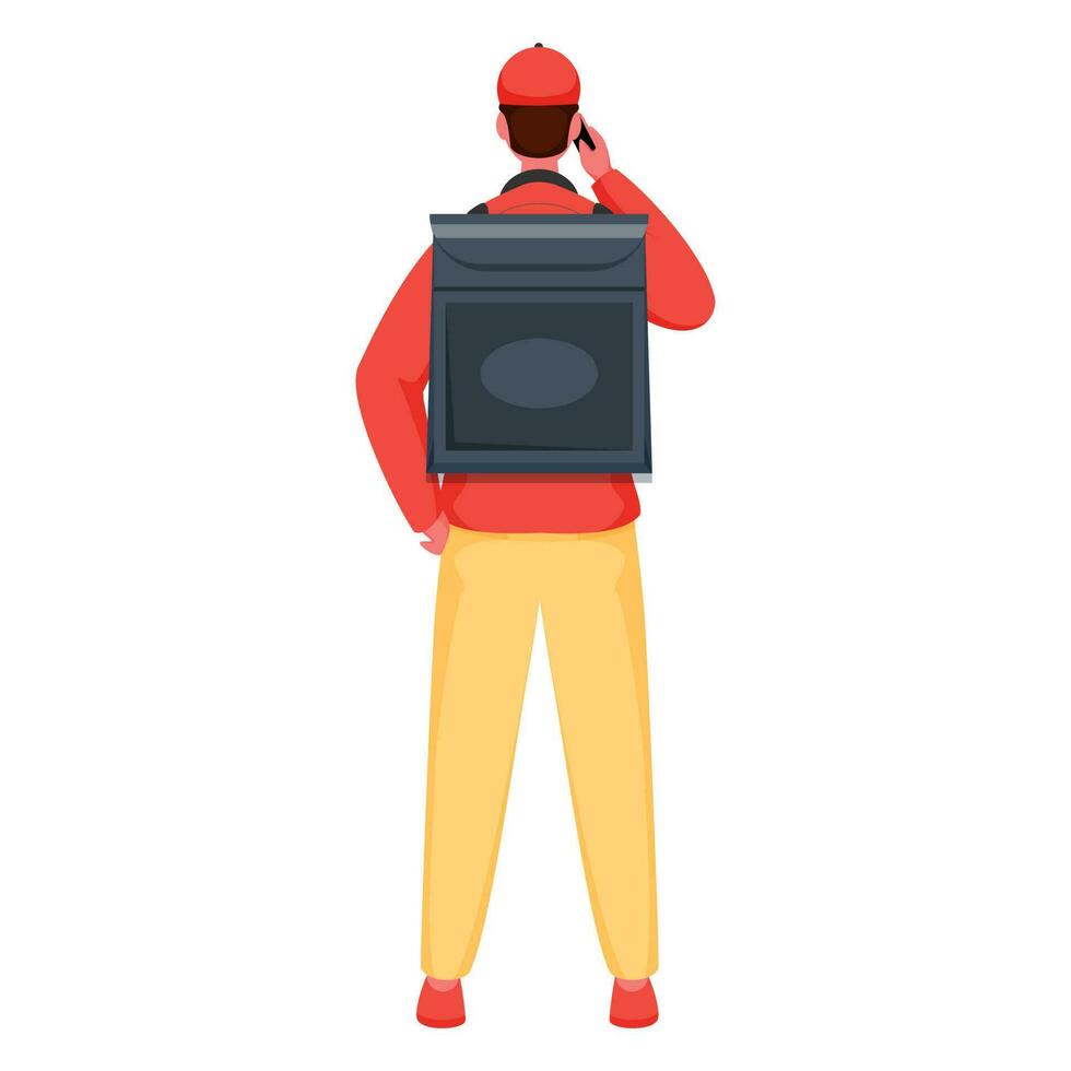 Rear or Back View of Delivery Boy Talking at Phone in Stand Pose. vector