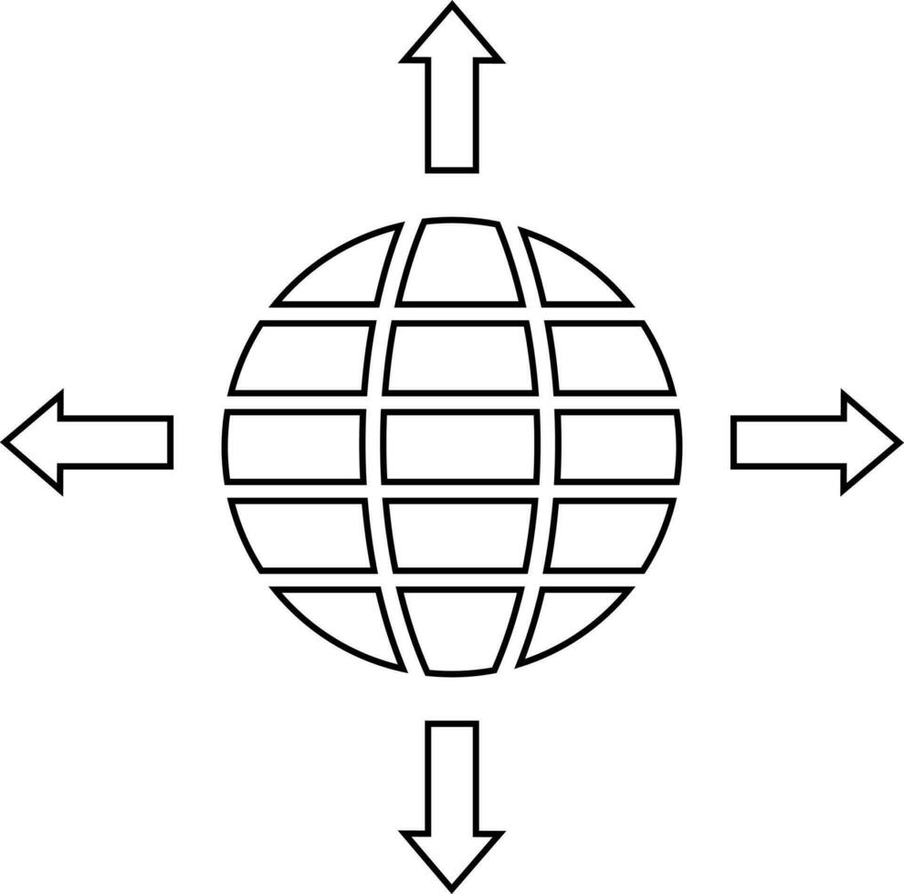 Globe with arrows in black line art illustration. vector