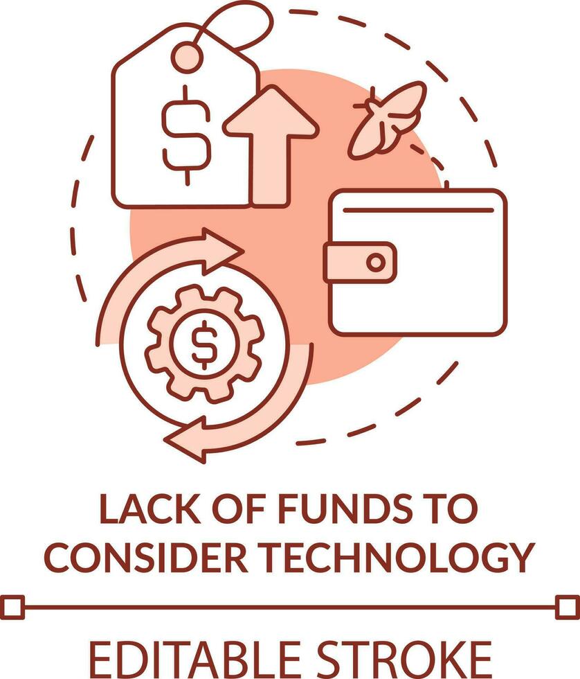 Lack of funds to consider technology red concept icon. Treasurers challenge abstract idea thin line illustration. Isolated outline drawing. Editable stroke vector