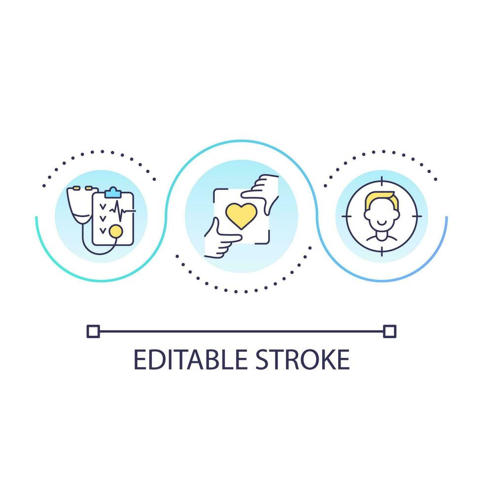 Patient first medical approach loop concept icon. Clinical service satisfied client. Healthcare abstract idea thin line illustration. Isolated outline drawing. Editable stroke vector