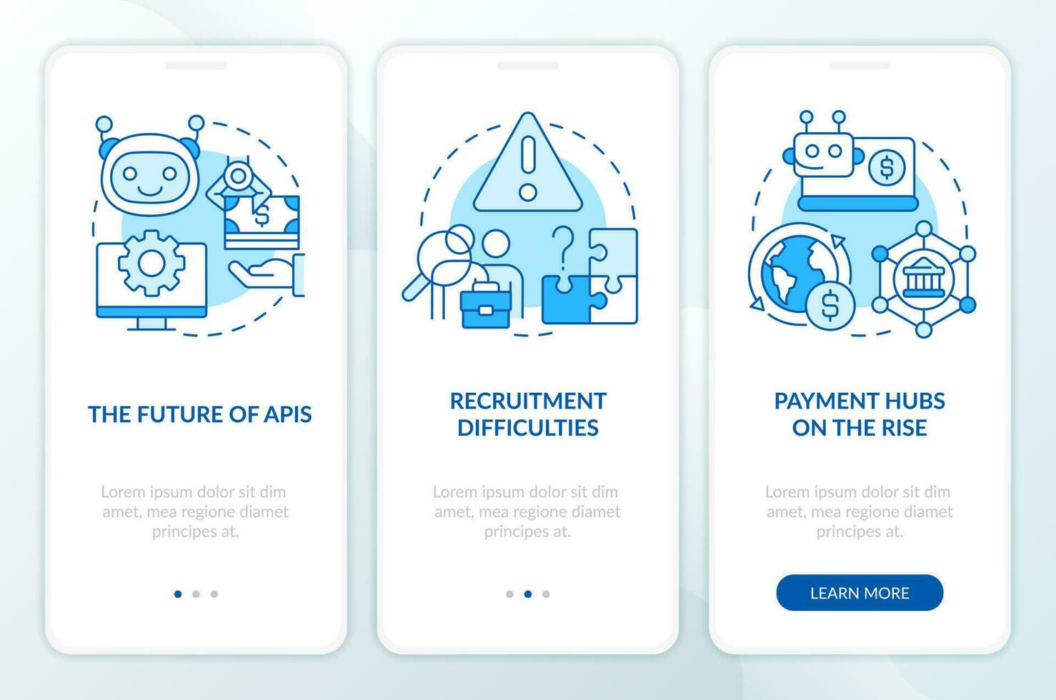 Treasury management trends blue onboarding mobile app screen. Walkthrough 3 steps editable graphic instructions with linear concepts. UI, UX, GUI template vector