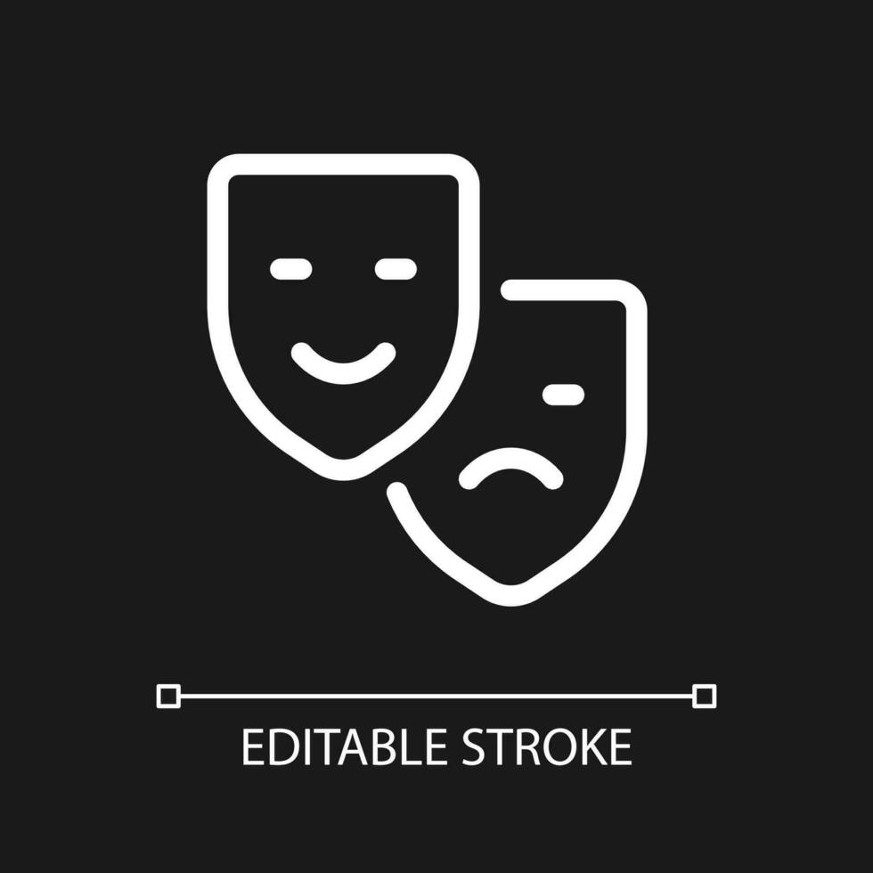 Drama and comedy theater pixel perfect white linear ui icon for dark theme. Live performance. Vector line pictogram. Isolated user interface symbol for night mode. Editable stroke