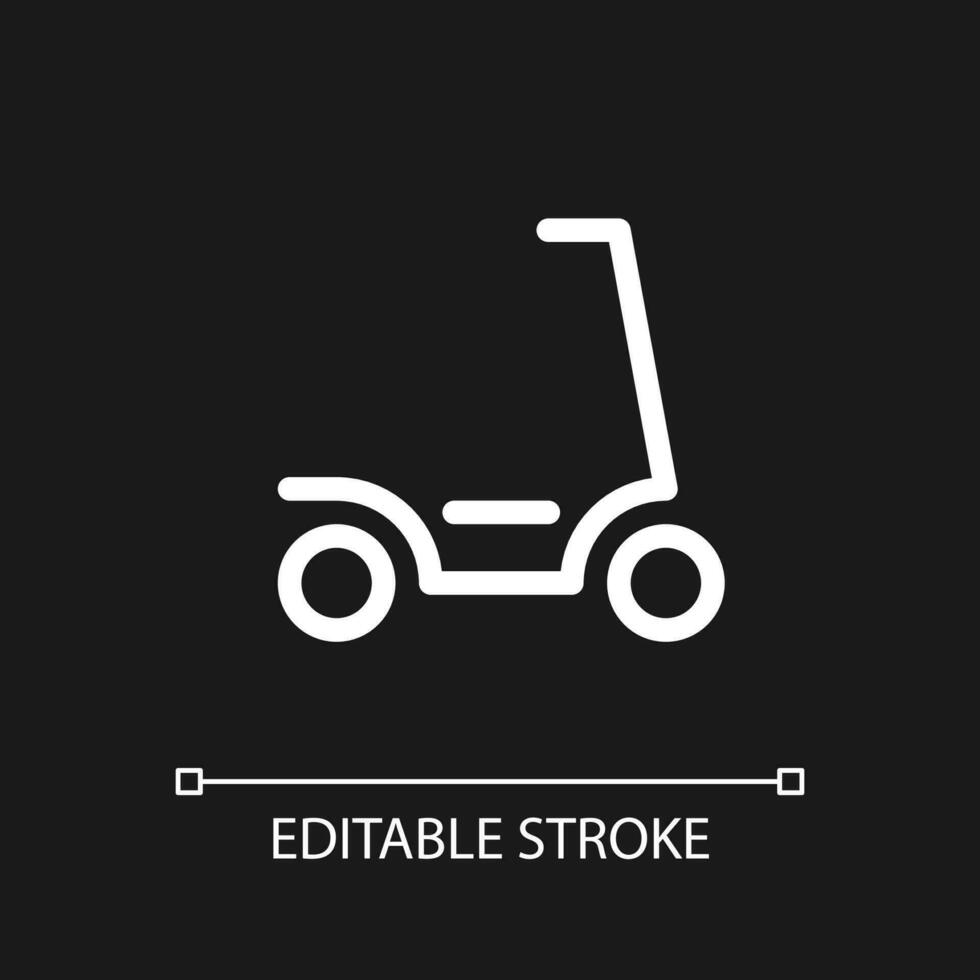 Electric scooter pixel perfect white linear ui icon for dark theme. Eco-friendly transport. Vector line pictogram. Isolated user interface symbol for night mode. Editable stroke