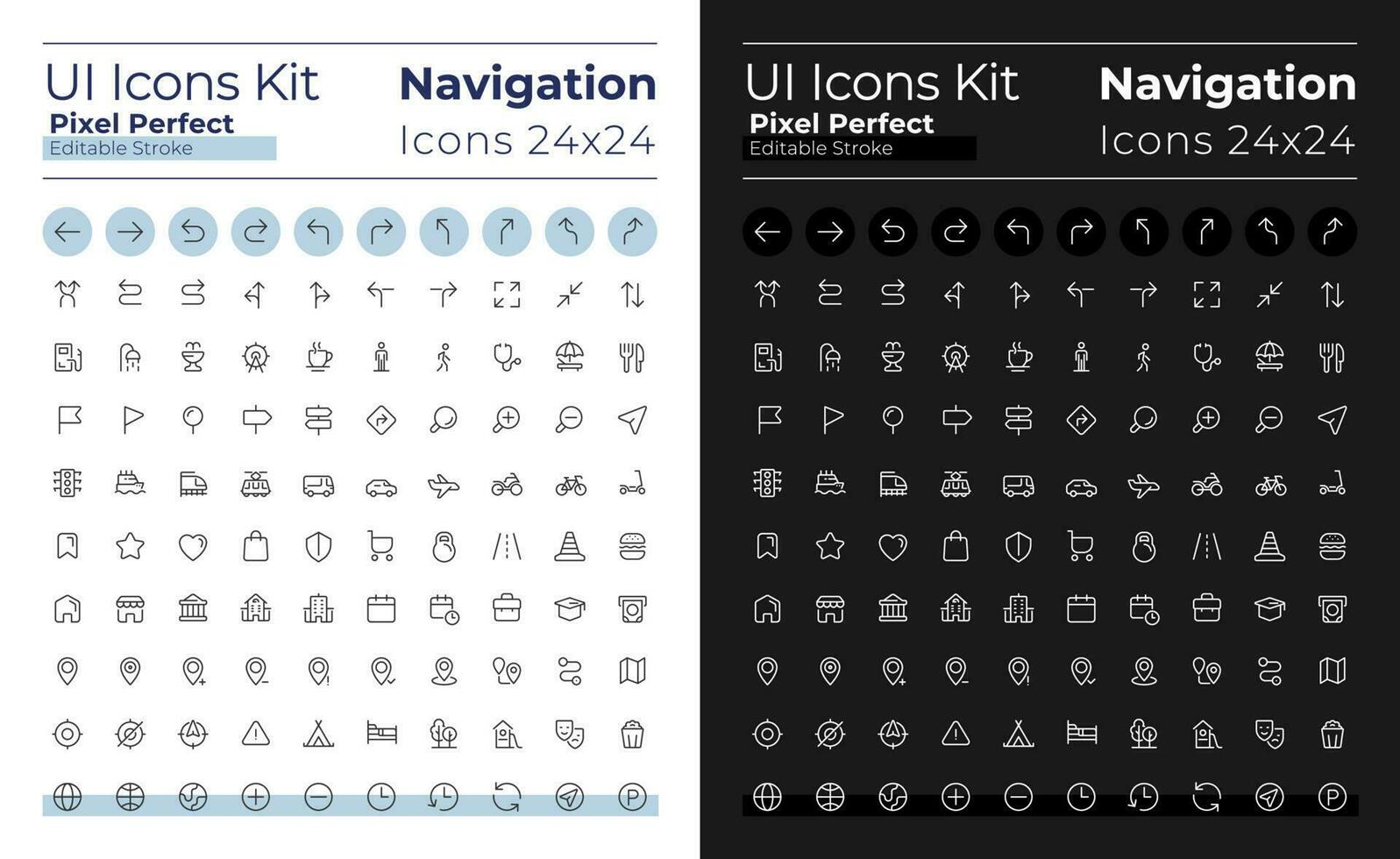 GPS y navegación píxel Perfecto lineal ui íconos conjunto para oscuro, ligero modo. contorno aislado usuario interfaz elementos para noche, día temas editable carrera vector