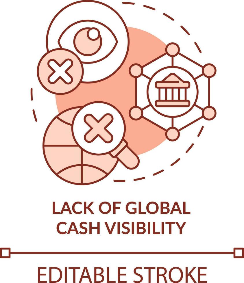 Lack of global cash visibility red concept icon. Corporate treasurers challenge abstract idea thin line illustration. Isolated outline drawing. Editable stroke vector