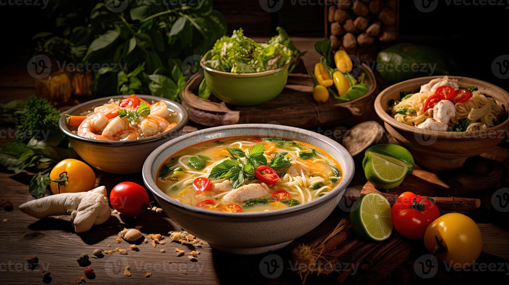 Thai Food Closeup Shots of Tom Yam Soup Bowls and Salad on Rustic Table. . photo