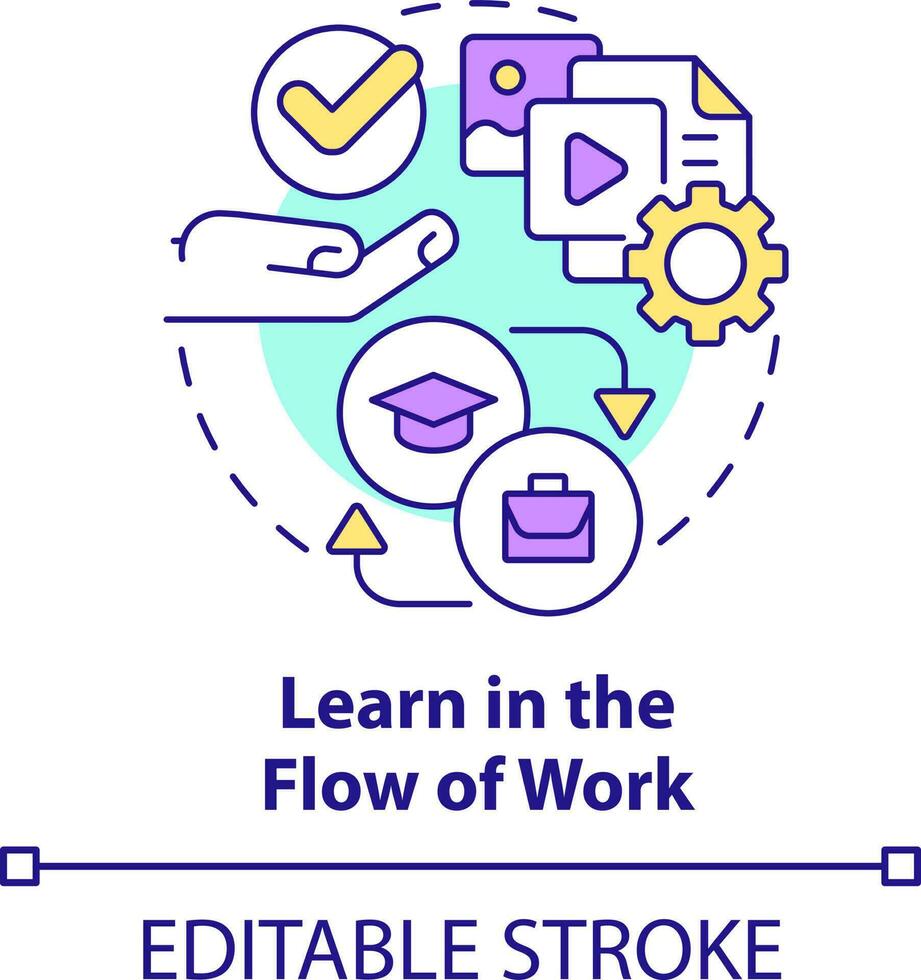 Learn in flow of work concept icon. Staff development. Key imperative abstract idea thin line illustration. Isolated outline drawing. Editable stroke vector