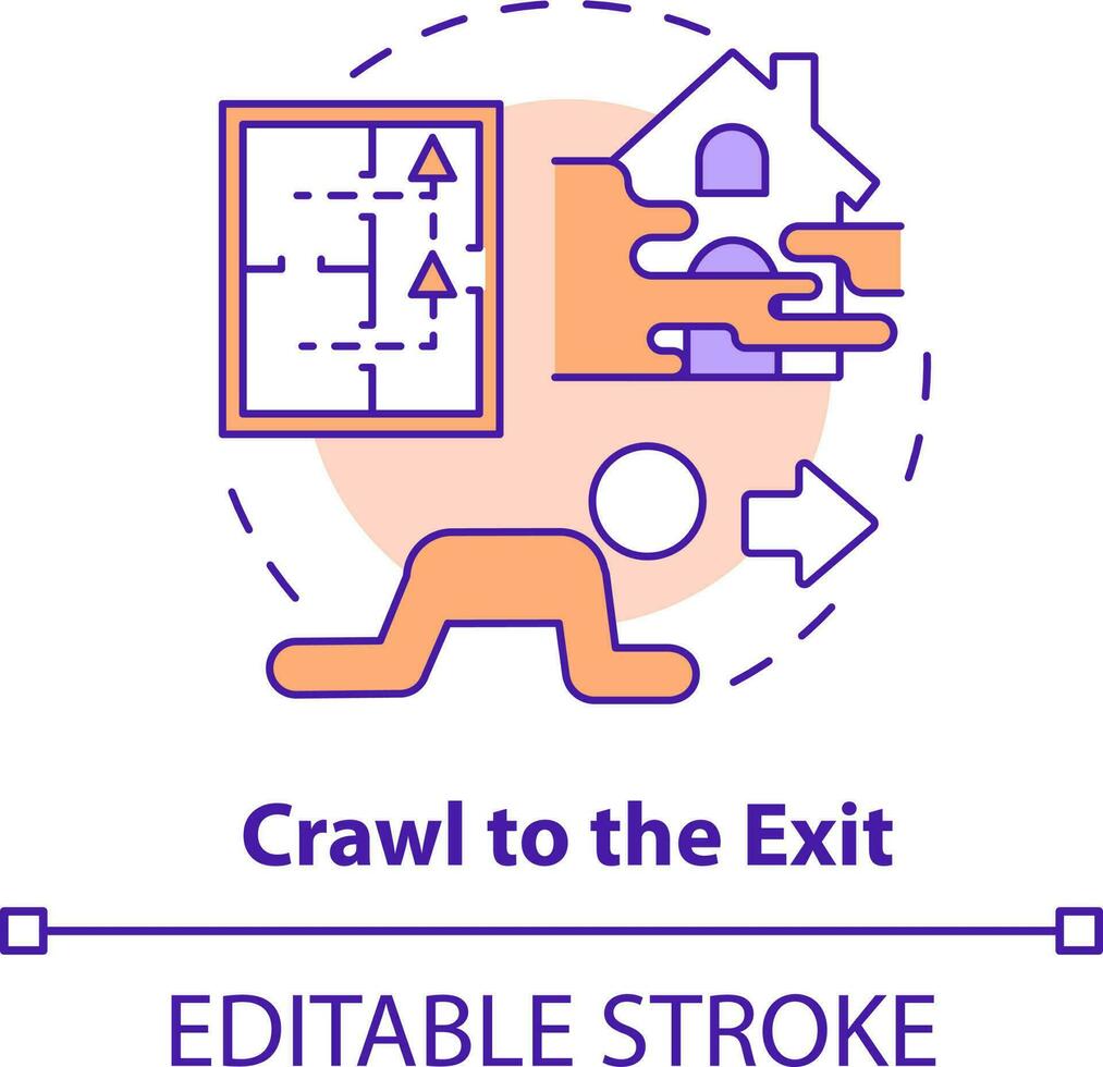 Crawl to exit concept icon. Escape house from fire abstract idea thin line illustration. Avoid deadly smoke and fumes. Isolated outline drawing. Editable stroke vector