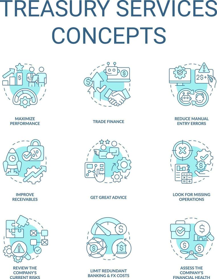 Treasury services turquoise concept icons set. Company performance. Finance management idea thin line color illustrations. Isolated symbols. Editable stroke vector