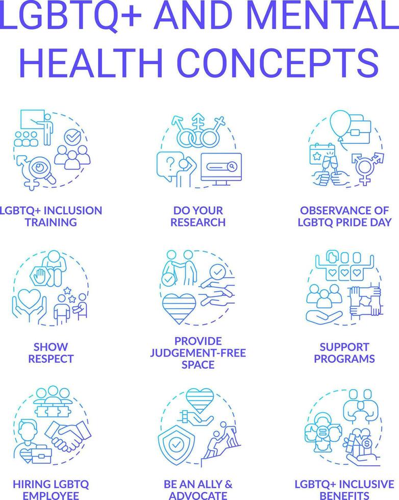 LGBTQ and mental health blue gradient concept icons set. Acceptance in society. Inclusion idea thin line color illustrations. Isolated symbols vector