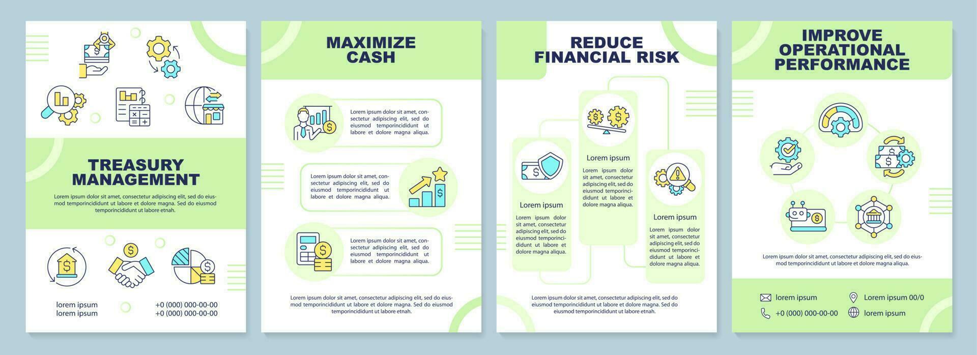 Treasury management green brochure template. Leaflet design with linear icons. Editable 4 vector layouts for presentation, annual reports