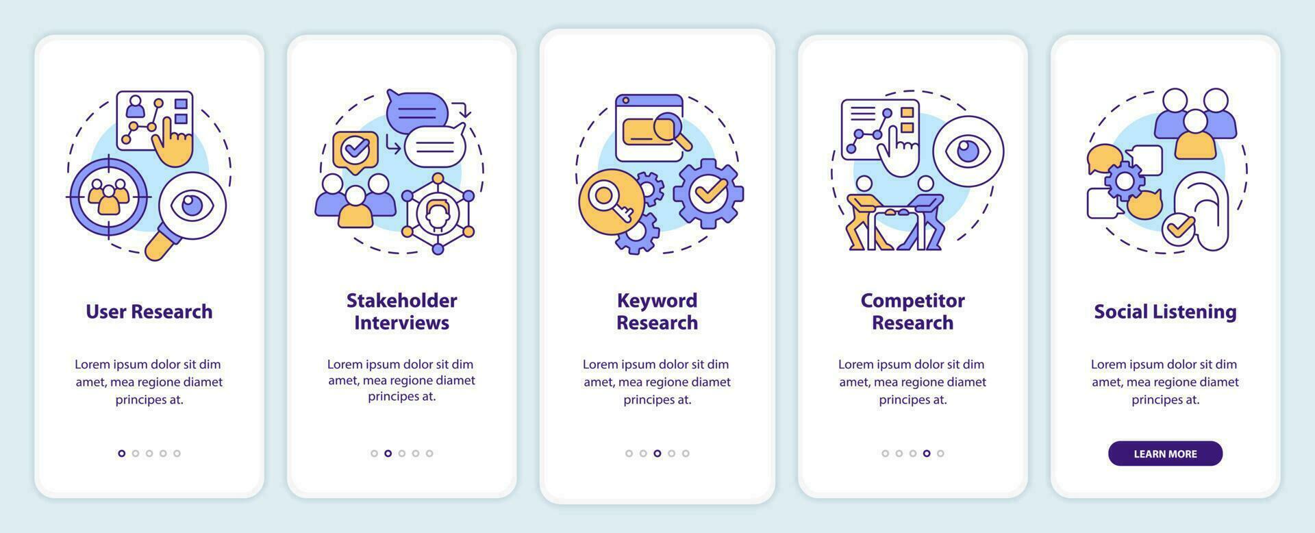 Research for content design onboarding mobile app screen. Data walkthrough 5 steps editable graphic instructions with linear concepts. UI, UX, GUI template vector
