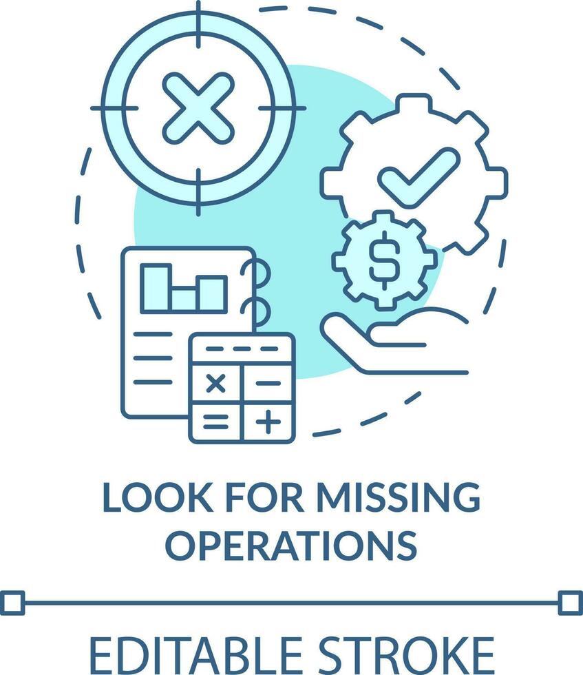 Look for missing operations turquoise concept icon. Treasury management necessity abstract idea thin line illustration. Isolated outline drawing. Editable stroke vector