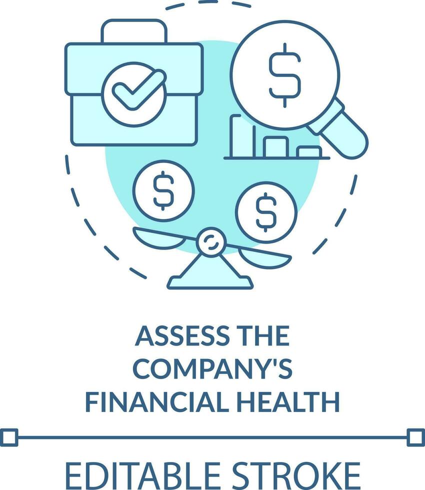 Assess company financial health turquoise concept icon. Treasury management necessity abstract idea thin line illustration. Isolated outline drawing. Editable stroke vector