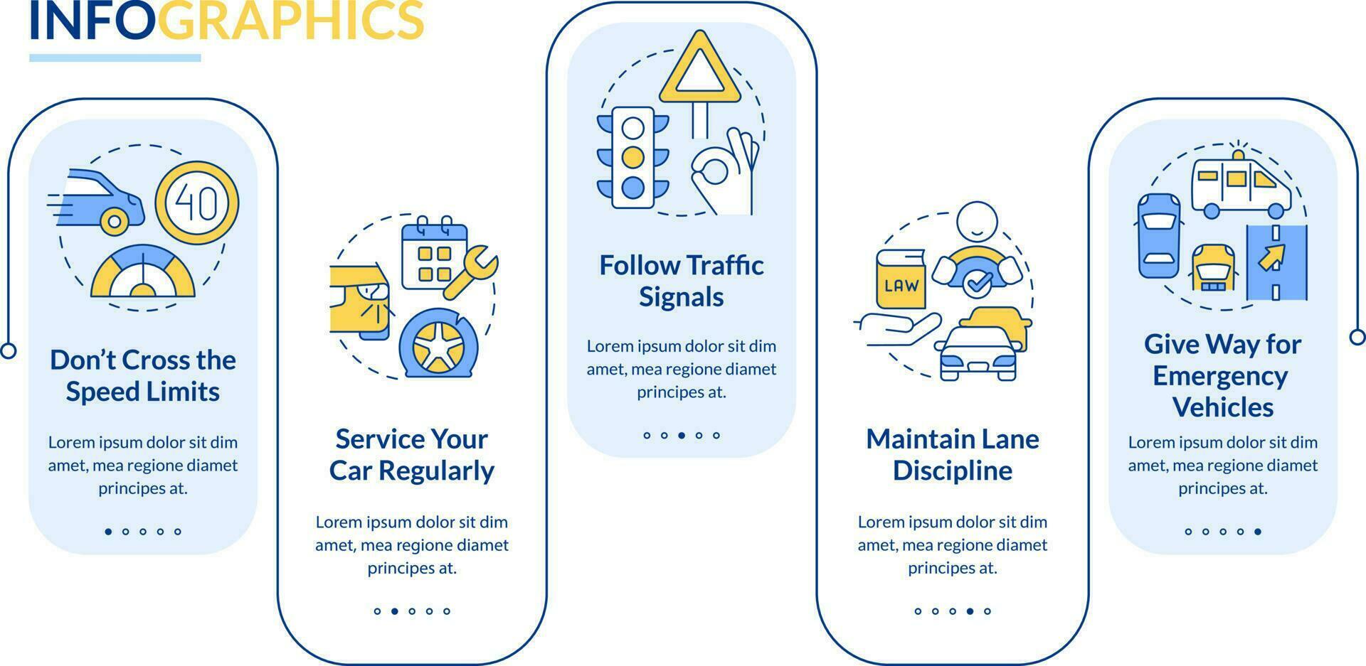 Common driving safety rules blue rectangle infographic template. Data visualization with 5 steps. Editable timeline info chart. Workflow layout with line icons vector