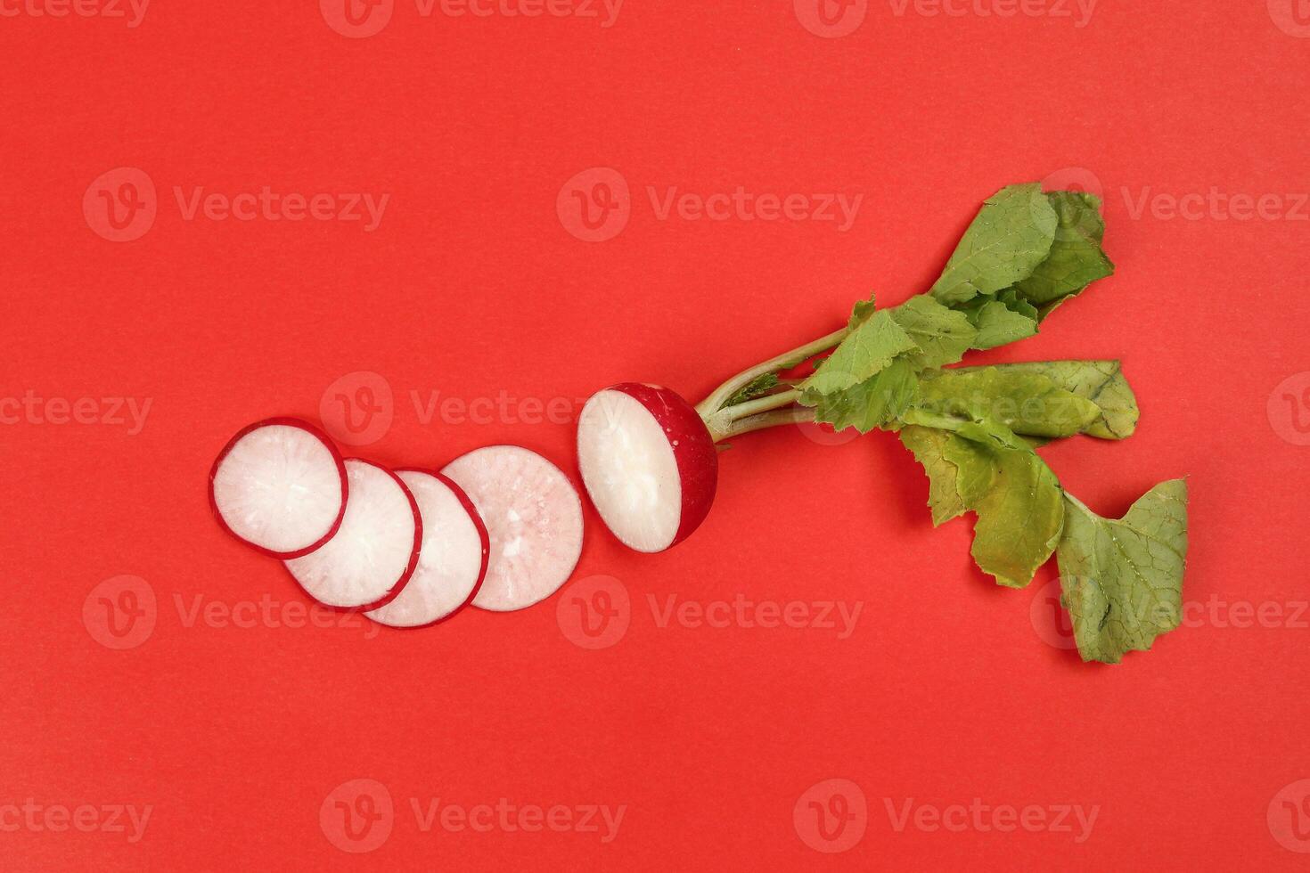 Small red radish on red ackground photo
