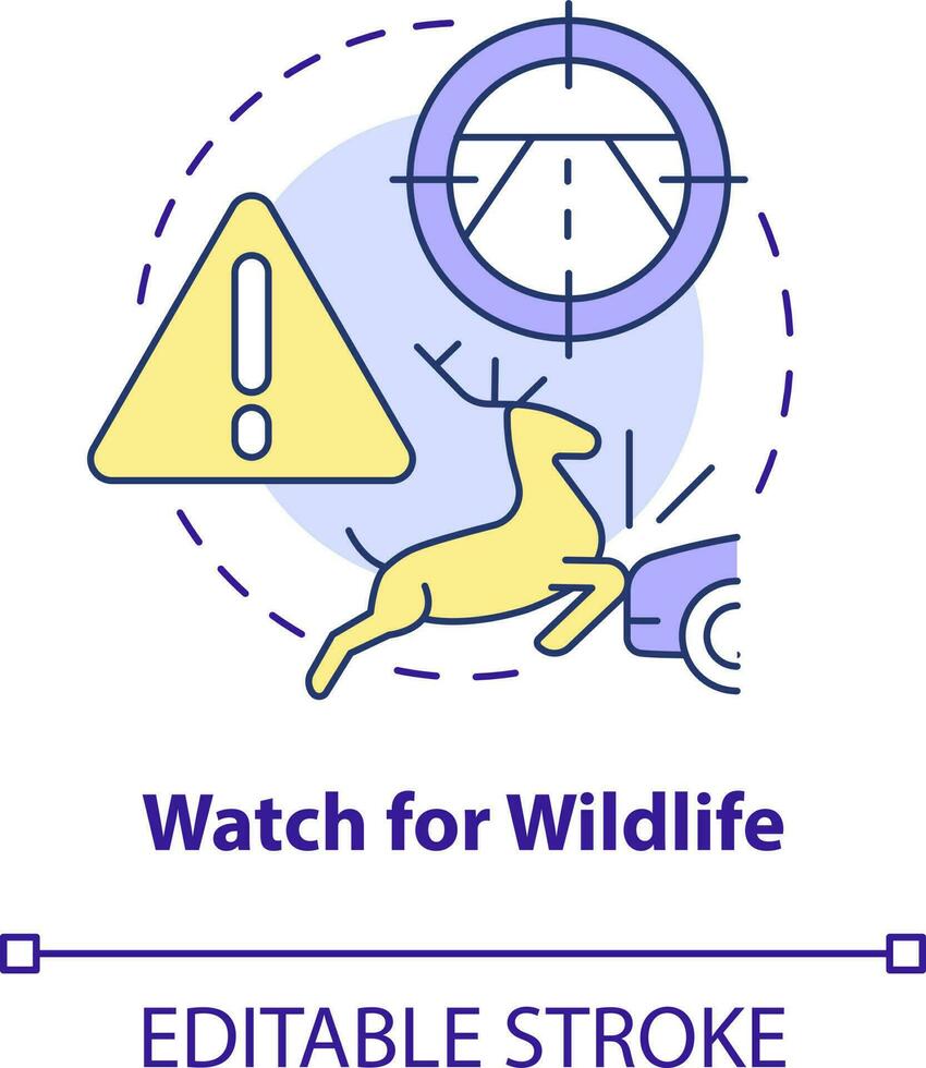 Watch for wildlife concept icon. Slow down when seeing deer. Driving safety at night abstract idea thin line illustration. Isolated outline drawing. Editable stroke vector