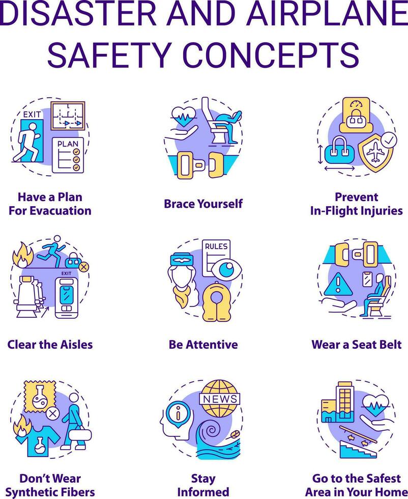 Disaster and airplane safety concept icons set. Emergency preparedness idea thin line color illustrations. Be attentive. Isolated symbols. Editable stroke vector