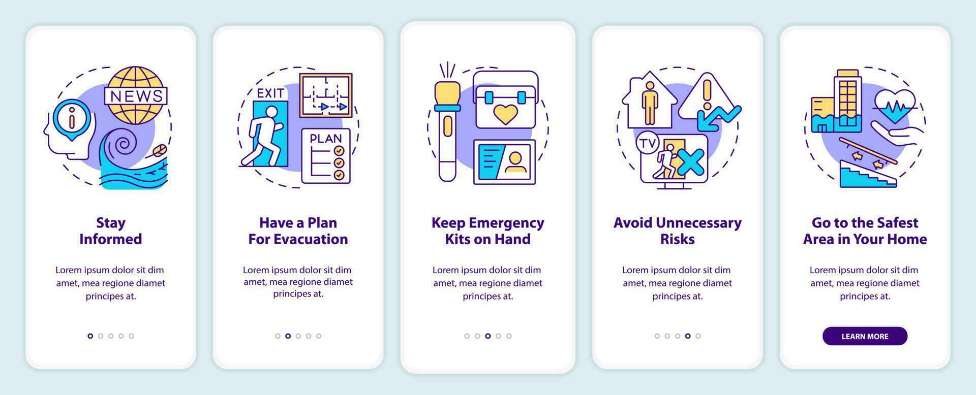 Disaster tips onboarding mobile app screen. Have plan for evacuation walkthrough 5 steps editable graphic instructions with linear concepts. UI, UX, GUI template vector