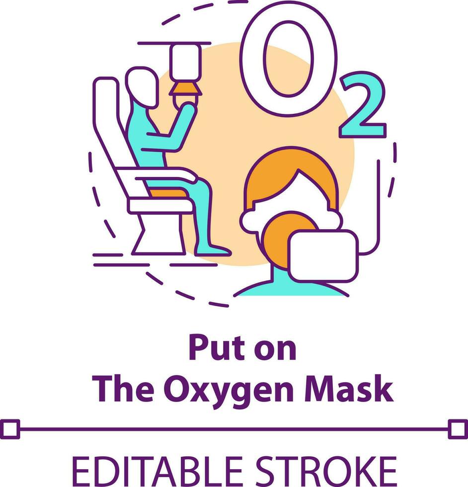 Put on oxygen mask concept icon. Surviving aviation accident abstract idea thin line illustration. Drop in cabin pressure. Isolated outline drawing. Editable stroke vector