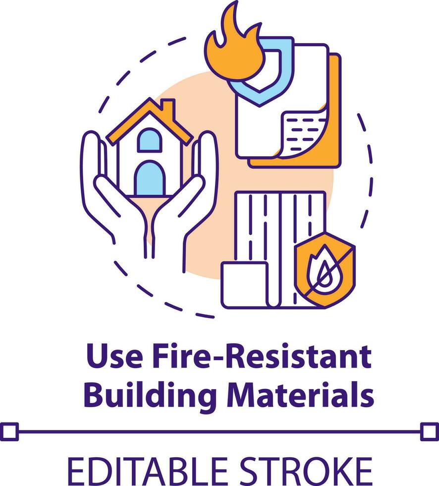 Use fire-resistant building materials concept icon. Surviving wildfire at home abstract idea thin line illustration. Isolated outline drawing. Editable stroke vector