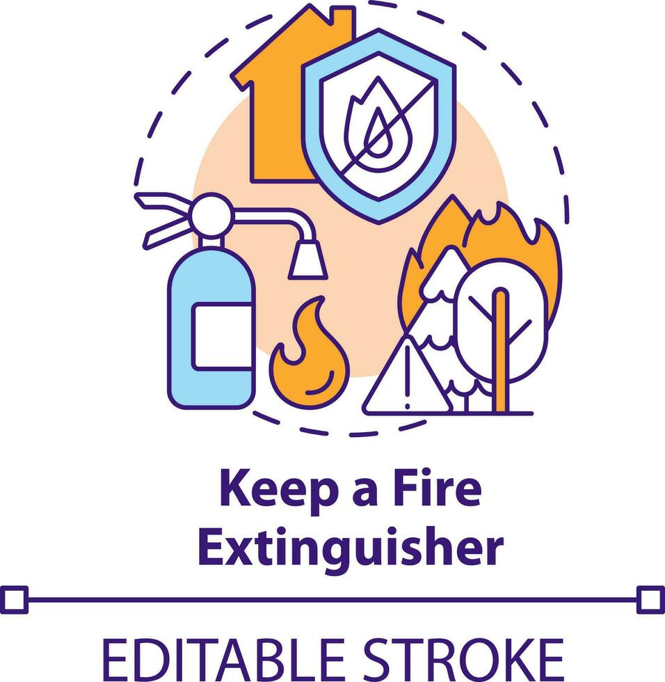 Keep fire extinguisher concept icon. Surviving wildfire at home abstract idea thin line illustration. Emergency situations. Isolated outline drawing. Editable stroke vector