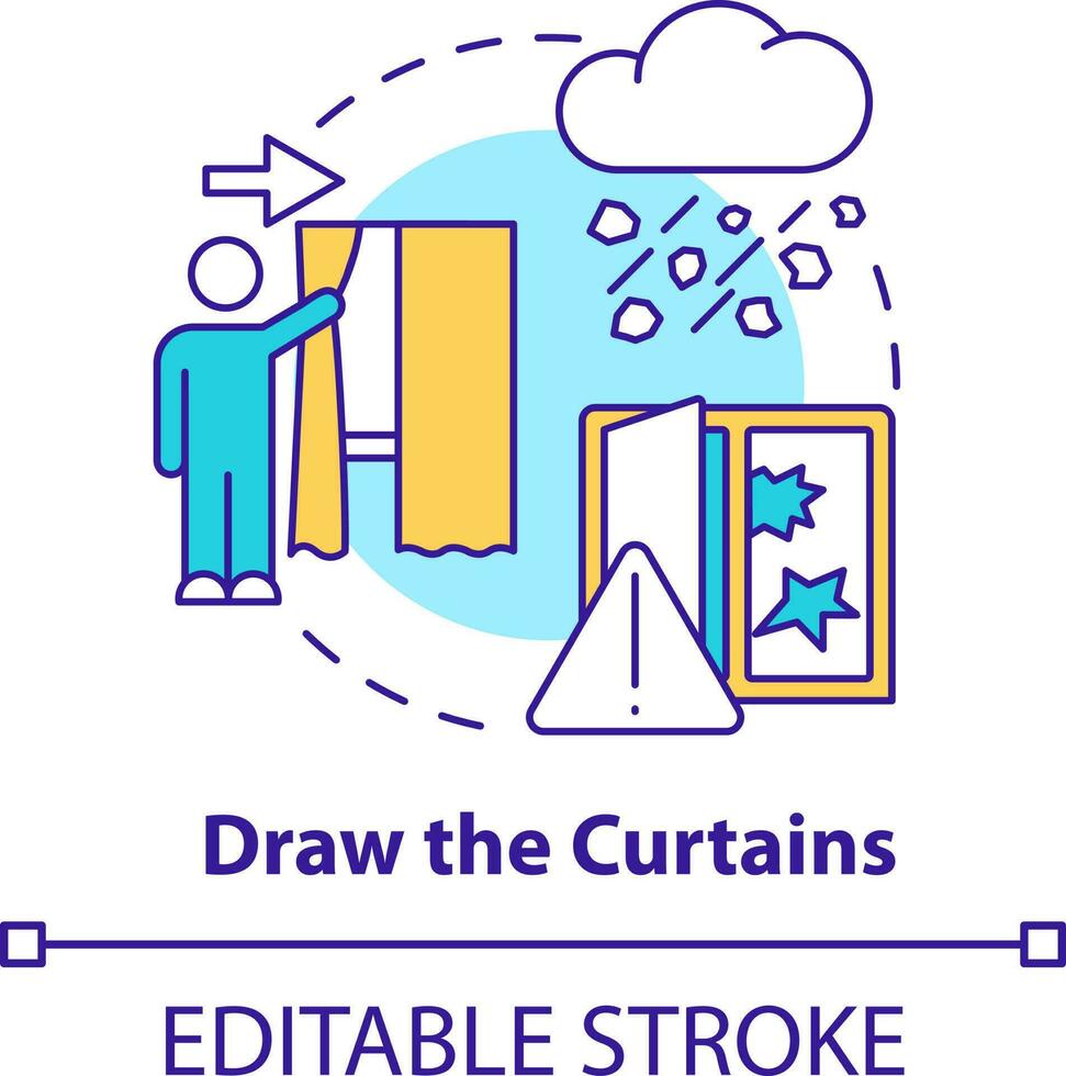 Draw curtains concept icon. Staying safe during hailstorm abstract idea thin line illustration. Keeping drapes closed. Isolated outline drawing. Editable stroke vector