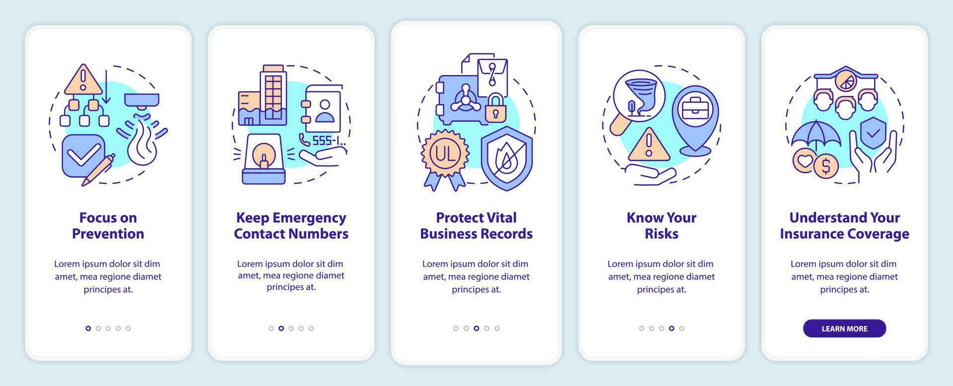Disaster preparedness for business onboarding mobile app screen. Walkthrough 5 steps editable graphic instructions with linear concepts. UI, UX, GUI template vector