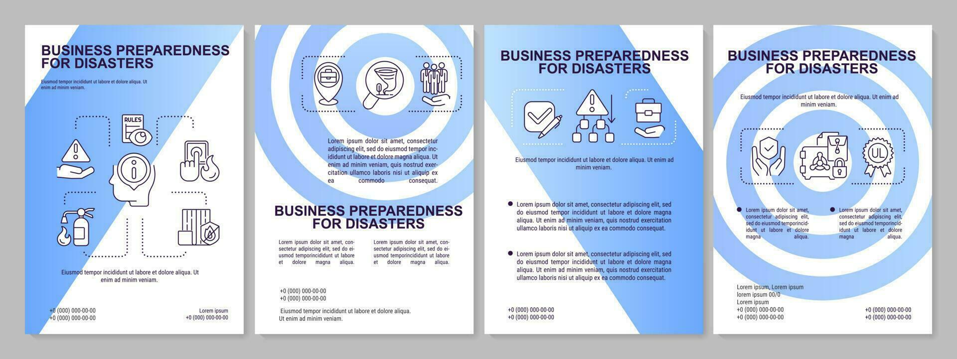 Business preparedness for emergency blue gradient brochure template. Leaflet design with linear icons. 4 vector layouts for presentation, annual reports