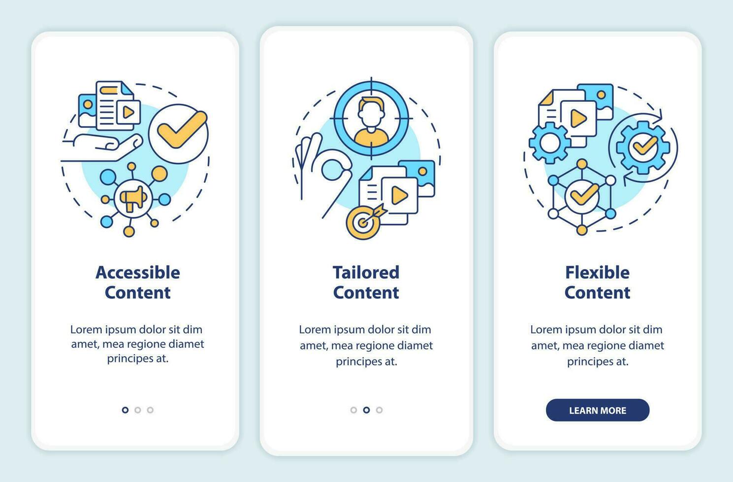 Content requirements onboarding mobile app screen. Principles walkthrough 3 steps editable graphic instructions with linear concepts. UI, UX, GUI template vector