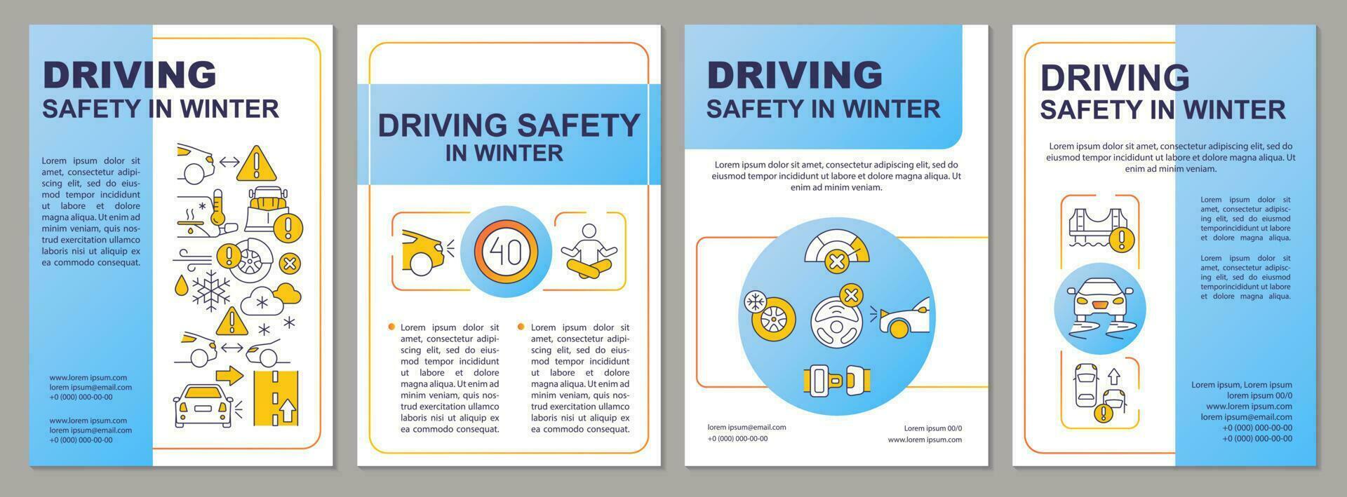 Driving safety in winter blue brochure template. Leaflet design with linear icons. Editable 4 vector layouts for presentation, annual reports