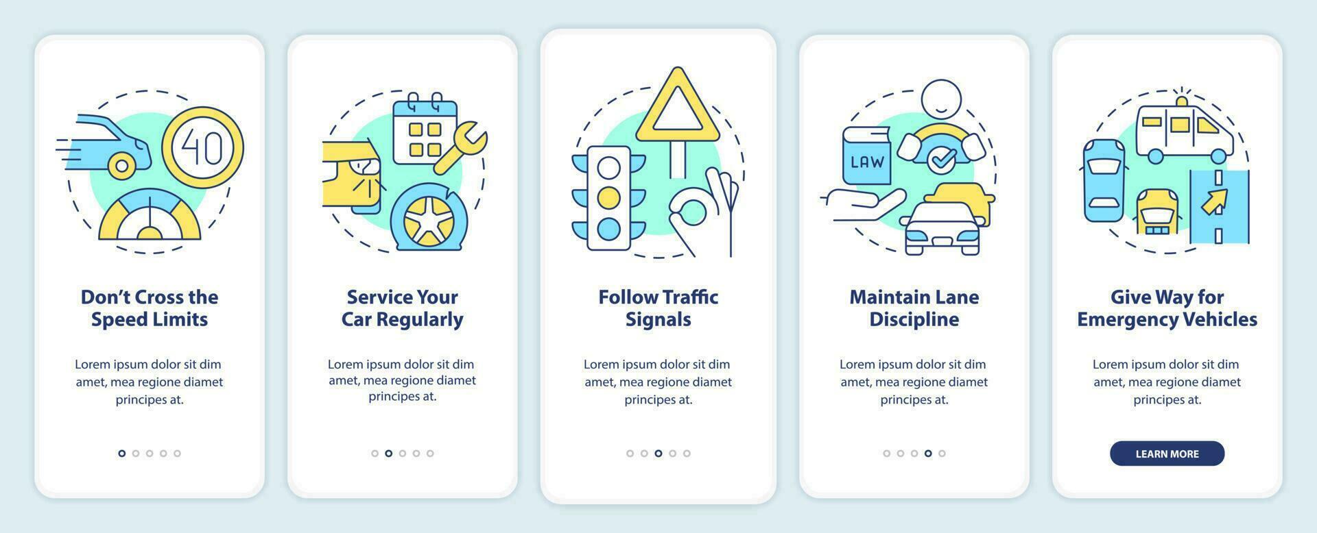 Common driving safety rules onboarding mobile app screen. Walkthrough 5 steps editable graphic instructions with linear concepts. UI, UX, GUI template vector
