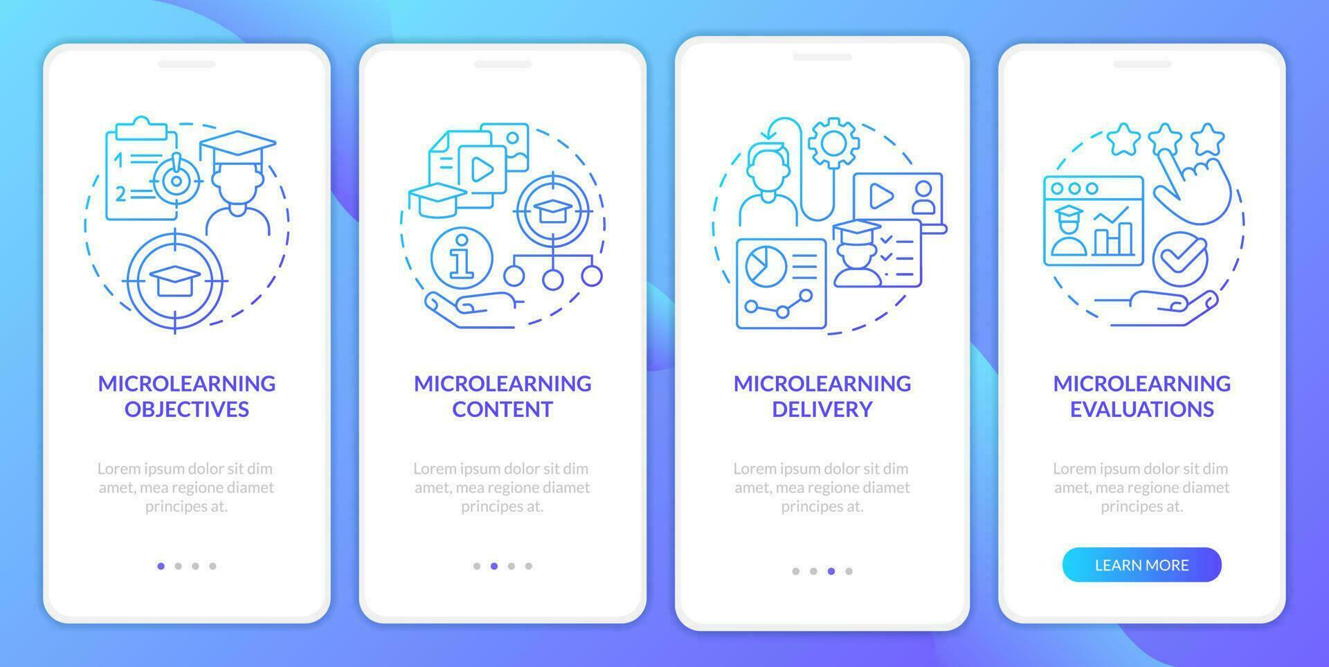 Microlearning modules blue gradient onboarding mobile app screen. Walkthrough 4 steps graphic instructions with linear concepts. UI, UX, GUI template vector