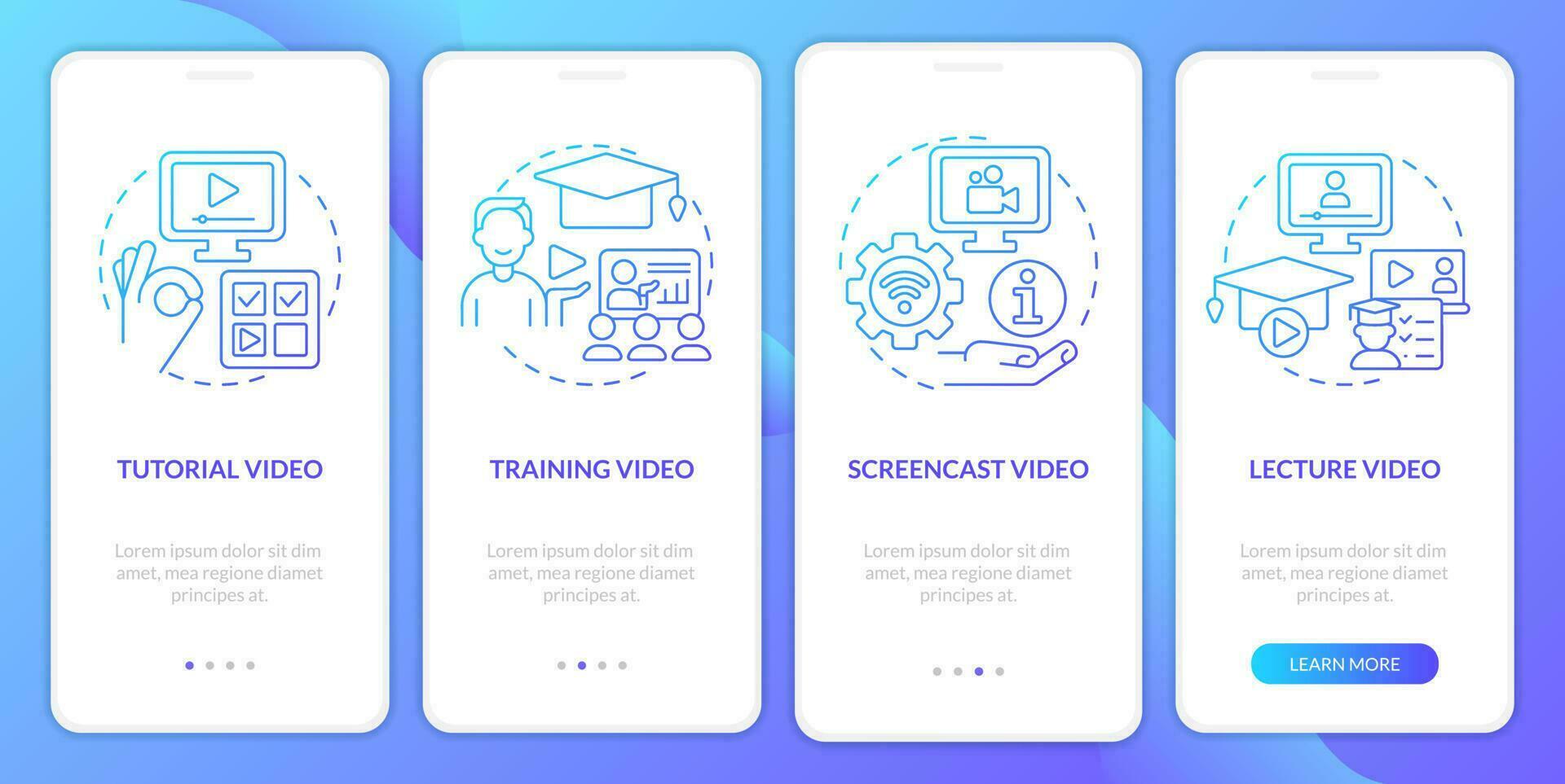 Microlearning videos in online training gradient onboarding mobile app screen. Walkthrough 4 steps graphic instructions with linear concepts. UI, UX, GUI template vector