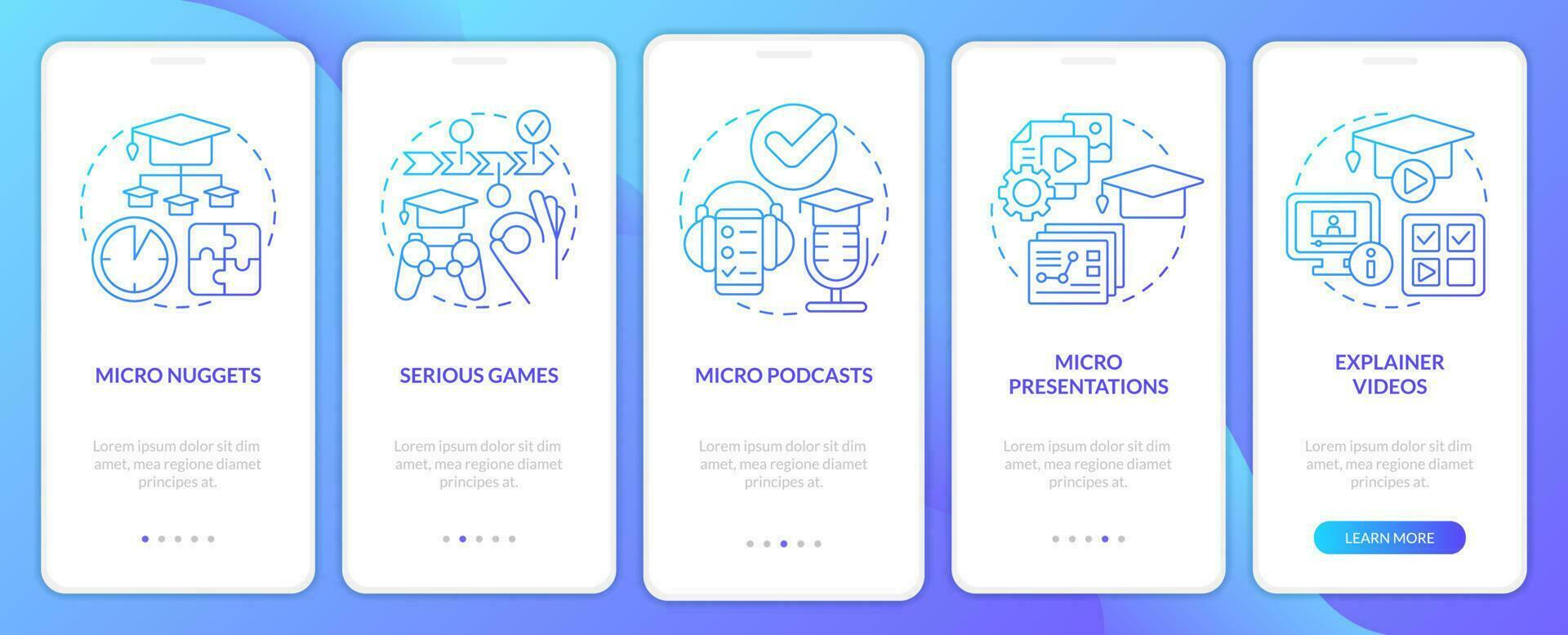 Options for delivery microlearning blue gradient onboarding mobile app screen. Walkthrough 5 steps graphic instructions with linear concepts. UI, UX, GUI template vector
