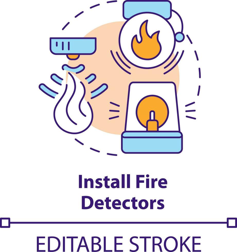 Install fire detectors concept icon. Wild fire safety abstract idea thin line illustration. Smoke alarms on wall, ceiling. Isolated outline drawing. Editable stroke vector