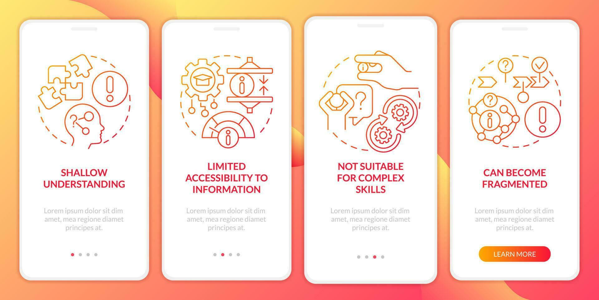 Microlearning weaknesses red gradient onboarding mobile app screen. Walkthrough 4 steps graphic instructions with linear concepts. UI, UX, GUI template vector