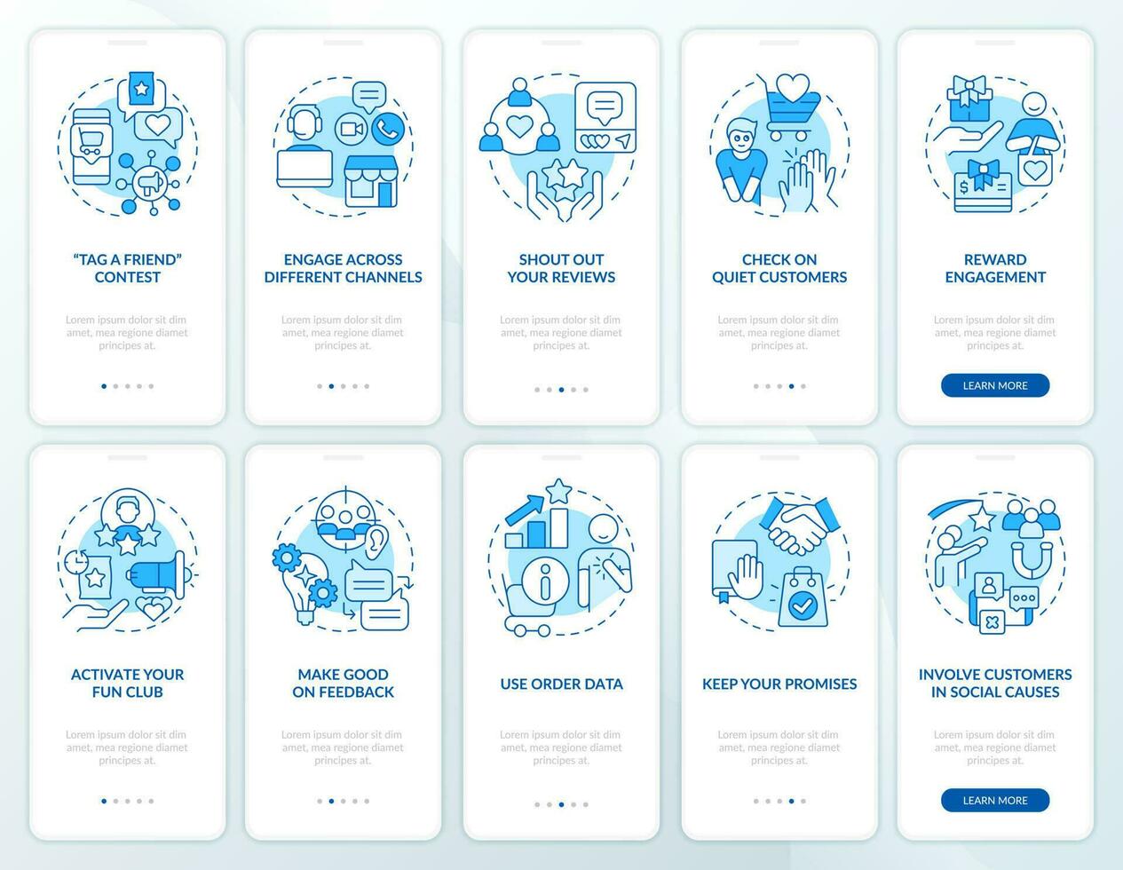 Digital customer engagement blue onboarding mobile app screen set. Walkthrough 5 steps editable graphic instructions with linear concepts. UI, UX, GUI template vector