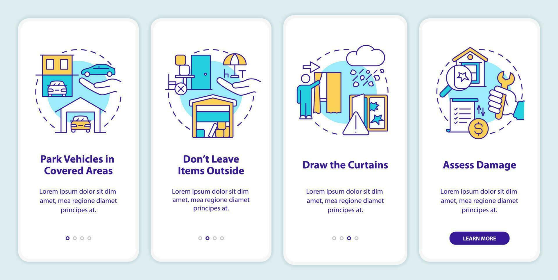Hailstorm safety onboarding mobile app screen. Park in covered areas walkthrough 4 steps editable graphic instructions with linear concepts. UI, UX, GUI template vector
