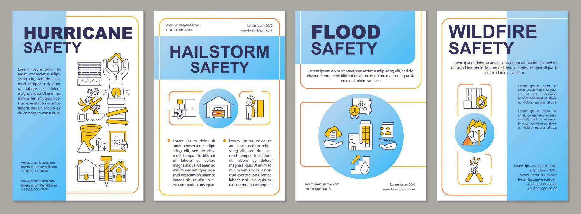 Natural disasters safety precautions blue brochure template. Leaflet design with linear icons. Editable 4 vector layouts for presentation, annual reports