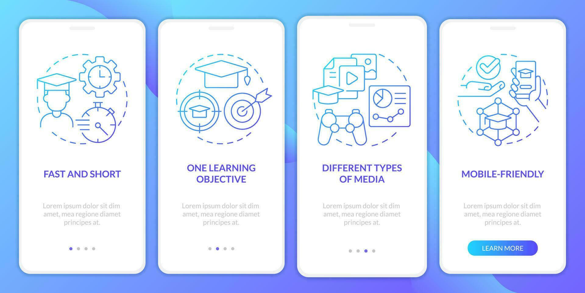 Microlearning characteristics blue gradient onboarding mobile app screen. Walkthrough 4 steps graphic instructions with linear concepts. UI, UX, GUI template vector