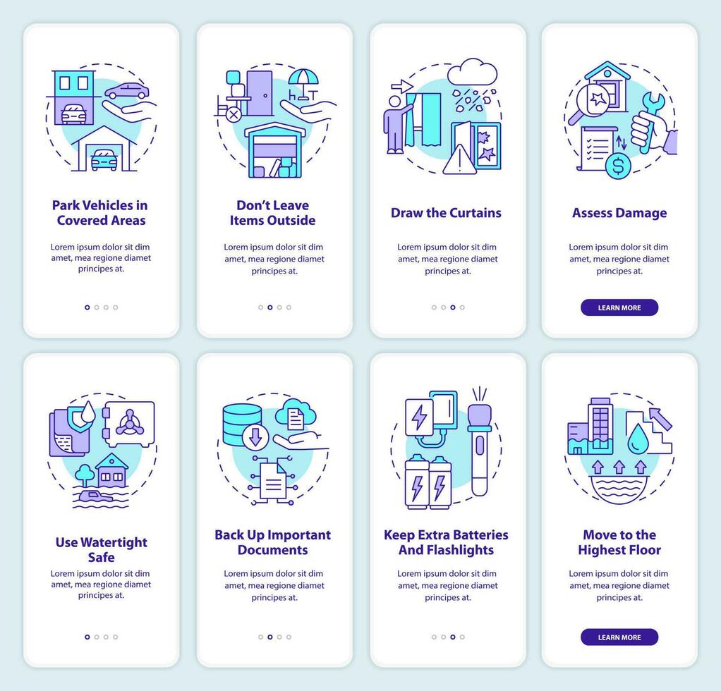 Safety tips for flood and hailstorm onboarding mobile app screen set. Walkthrough 4 steps editable graphic instructions with linear concepts. UI, UX, GUI template vector