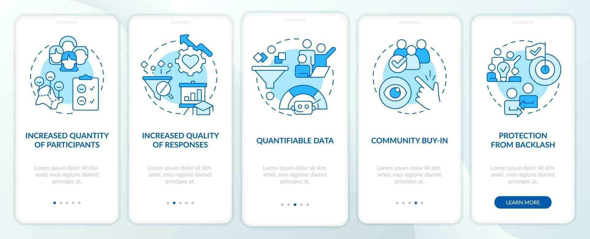 Advantages of digital engagement blue onboarding mobile app screen. Walkthrough 5 steps editable graphic instructions with linear concepts. UI, UX, GUI template vector