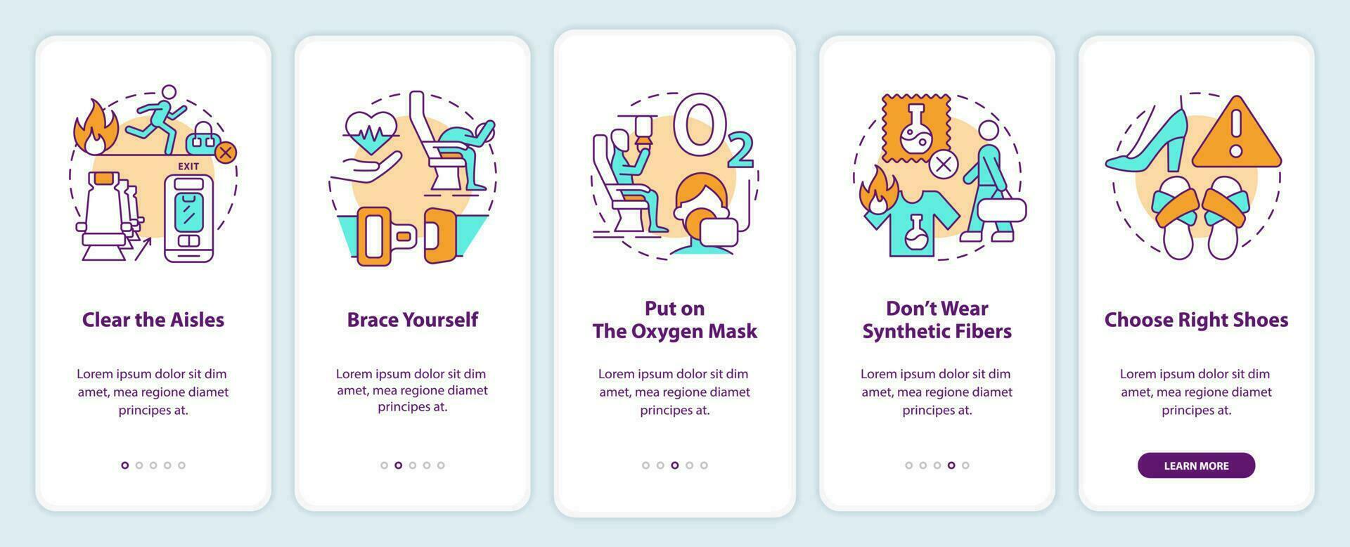 Surviving plane crash onboarding mobile app screen. Clear aisles walkthrough 5 steps editable graphic instructions with linear concepts. UI, UX, GUI template vector