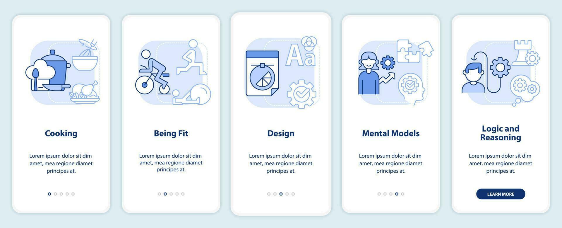 Life skills light blue onboarding mobile app screen. Abilities walkthrough 5 steps editable graphic instructions with linear concepts. UI, UX, GUI template vector