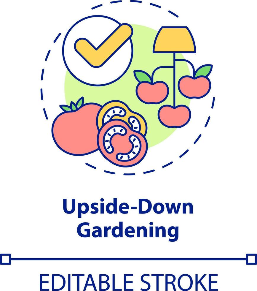 Upside down gardening concept icon. Growing tomatoes. Gardening method abstract idea thin line illustration. Isolated outline drawing. Editable stroke vector